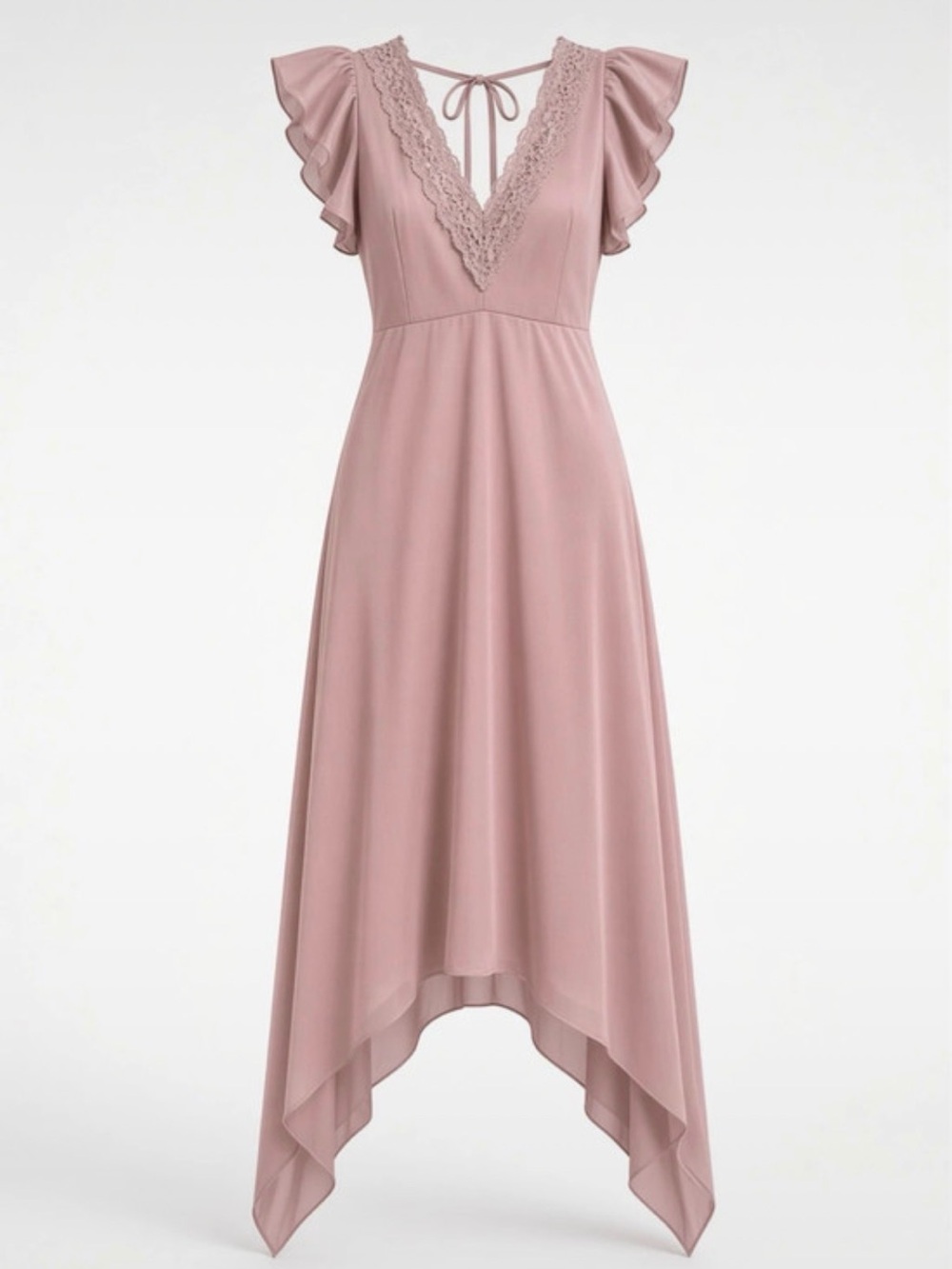 Dusty Rose Asymmetrical V-Neck Dress with Lace Trim